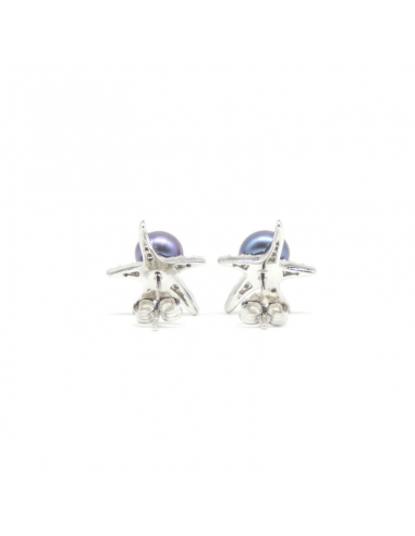 Pendientes plata rodiada estrella de mar con perla cultivada gris
