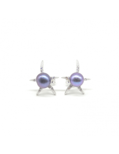 Pendientes plata rodiada estrella de mar con perla cultivada gris