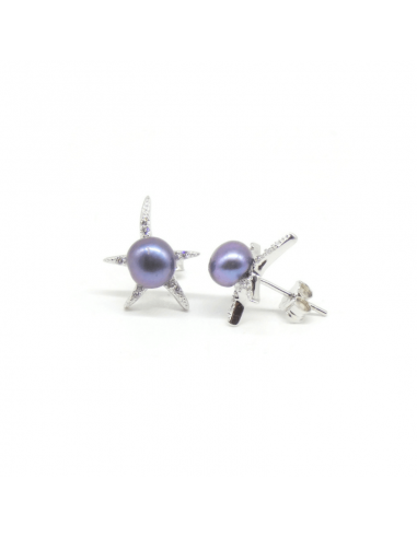 Pendientes plata rodiada estrella de mar con perla cultivada gris